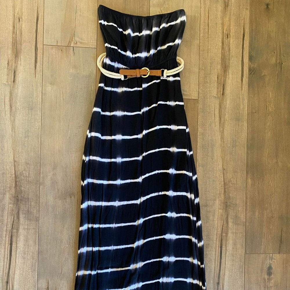 Navy Blue with White Tie Dye Ya Los Angeles Strapless Maxi Dress with Rope Belt